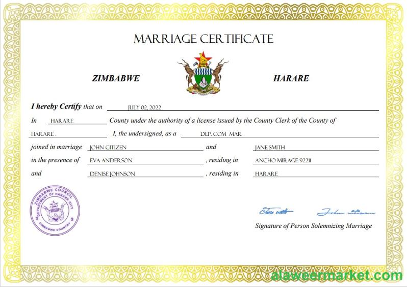 Zimbabwe marriage certificate Word and PDF template